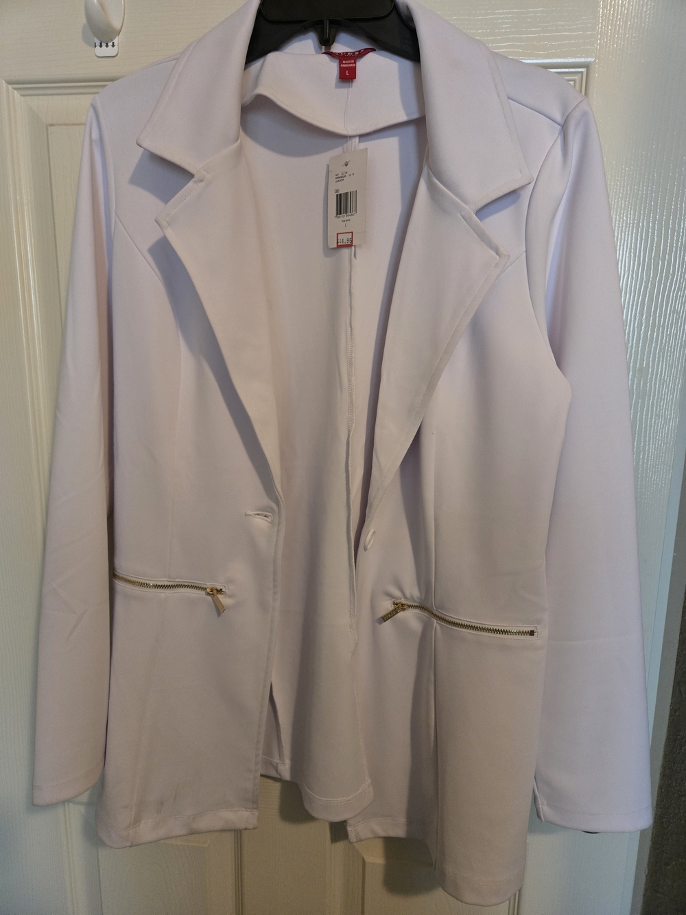 White Open-Front Blazer Jacket with Gold Zippers